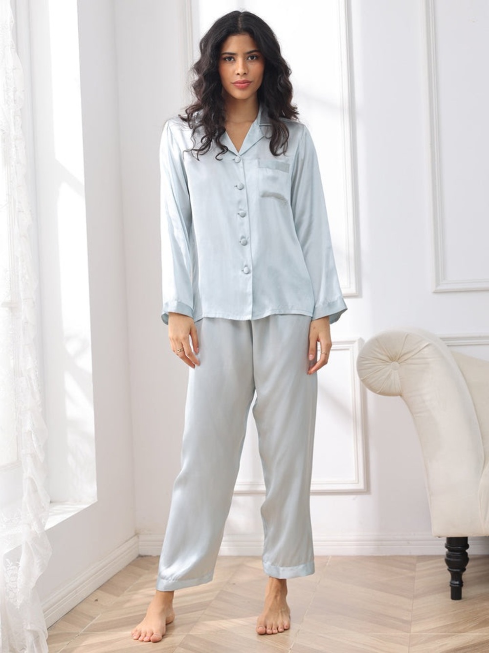 Pure Silk 100% Mulberry Silk Women's Long Sleeve Pajamas Set- Light Blue - Picture 3 of 9